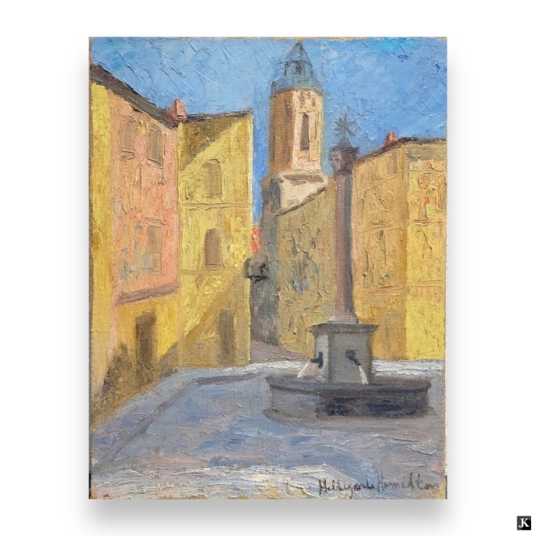 Hildegarde Hamilton (USA 1898-1970) Oil On Canvas: Hildegarde Hume Hamilton (AMERICAN / FLORIDA / VIRGINIA, 1898 - 1970) oil painting on canvas depicting a townscape scene with fountain. Signed to lower right. Unframed. Canvas on stretcher measures ap