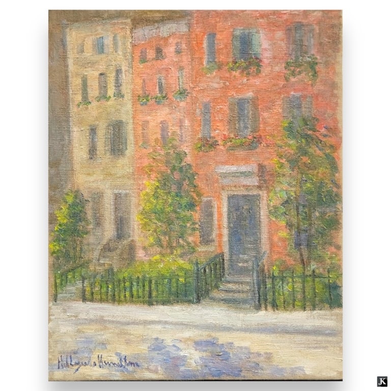 Hildegarde Hamilton (USA 1898-1970) Oil On Canvas: Hildegarde Hume Hamilton (AMERICAN / FLORIDA / VIRGINIA, 1898 - 1970) oil painting on canvas depicting an apartment building scene. Signed to lower right. Unframed. Canvas on stretcher measures approx