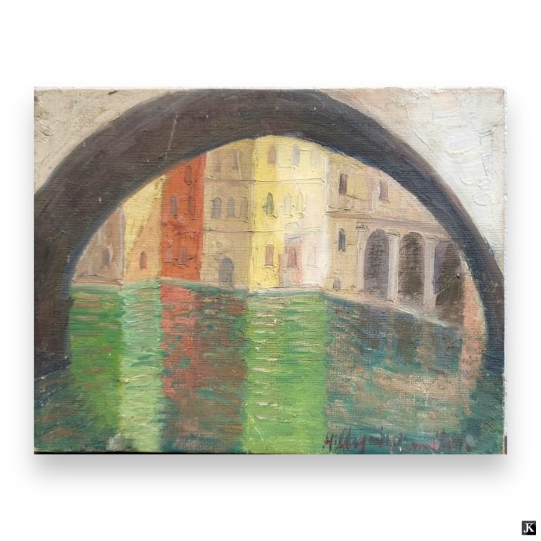 Hildegarde Hamilton (USA 1898-1970) Oil On Canvas: Hildegarde Hume Hamilton (AMERICAN / FLORIDA / VIRGINIA, 1898 - 1970) oil painting on canvas depicting a townscape scene with archway. Signed to lower right. Unframed. Canvas on stretcher measures app