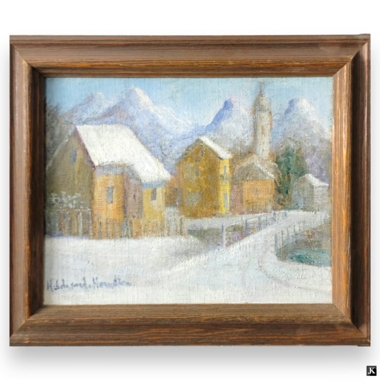 Hildegarde Hamilton (USA 1898-1970) Oil On Canvas: Hildegarde Hume Hamilton (AMERICAN / FLORIDA / VIRGINIA, 1898 - 1970) oil painting on canvas depicting a townscape scene. Signed to lower left. Mounted in a gold wooden frame. Canvas measures approx. 