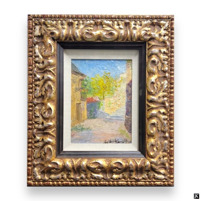 Hildegarde Hamilton (USA 1898-1970) Oil On Canvas: Hildegarde Hume Hamilton (AMERICAN / FLORIDA / VIRGINIA, 1898 - 1970) oil painting on canvas depicting a townscape scene. Signed to lower right. Mounted in a gold painted wooden frame. Canvas measures