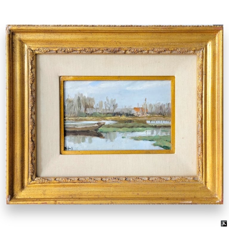 Han He Ping (JAPAN 1932-2019) Landscape Oil: Han He-Ping / Heping (JAPANESE, 1932 - 2019) oil painting on board depicting a landscape scene with house, boat and trees. Signed to lower left. Mounted in a gold painted wooden frame with mat. Board 