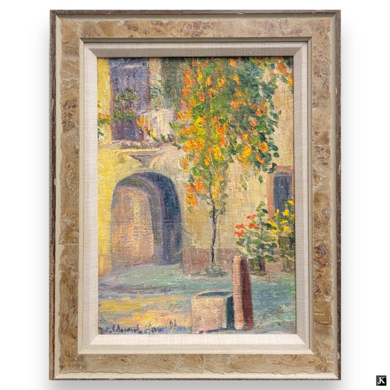 Hildegarde Hamilton (USA 1898-1970) Oil On Canvas: Hildegarde Hume Hamilton (AMERICAN / FLORIDA / VIRGINIA, 1898 - 1970) oil painting on canvas depicting an archway scene with tree. Signed to lower left. Mounted in a brown tone wooden frame with mat. 