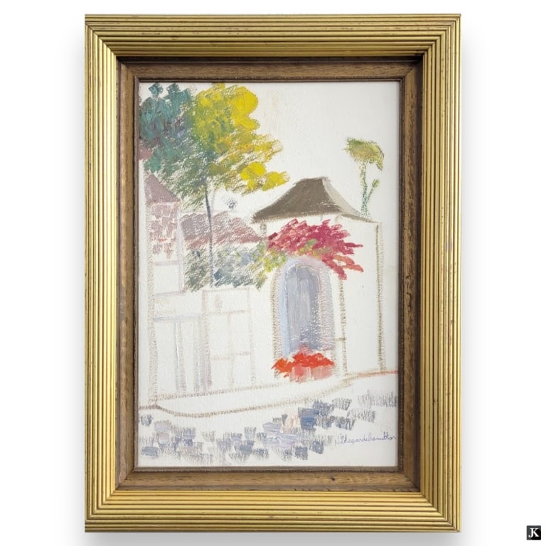 Hildegarde Hamilton (USA 1898-1970) Oil On Canvas: Hildegarde Hume Hamilton (AMERICAN / FLORIDA / VIRGINIA, 1898 - 1970) oil painting on canvas depicting a townscape scene with buildings and trees. Signed to lower right. Mounted in a gold painted wood