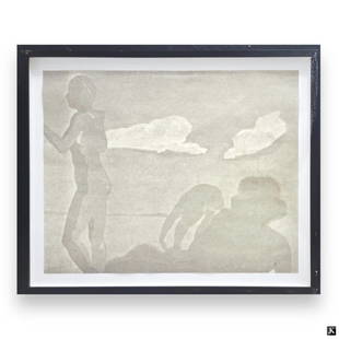 Eric Fischl (USA B1948) Hand Signed Lithograph: Eric Fischl (AMERICAN, Born 1948) hand signed lithograph depicting figures on a beach. Signed to lower left and numbered 41/125. Mounted in a black painted wooden frame behind glass screen. Paper meas