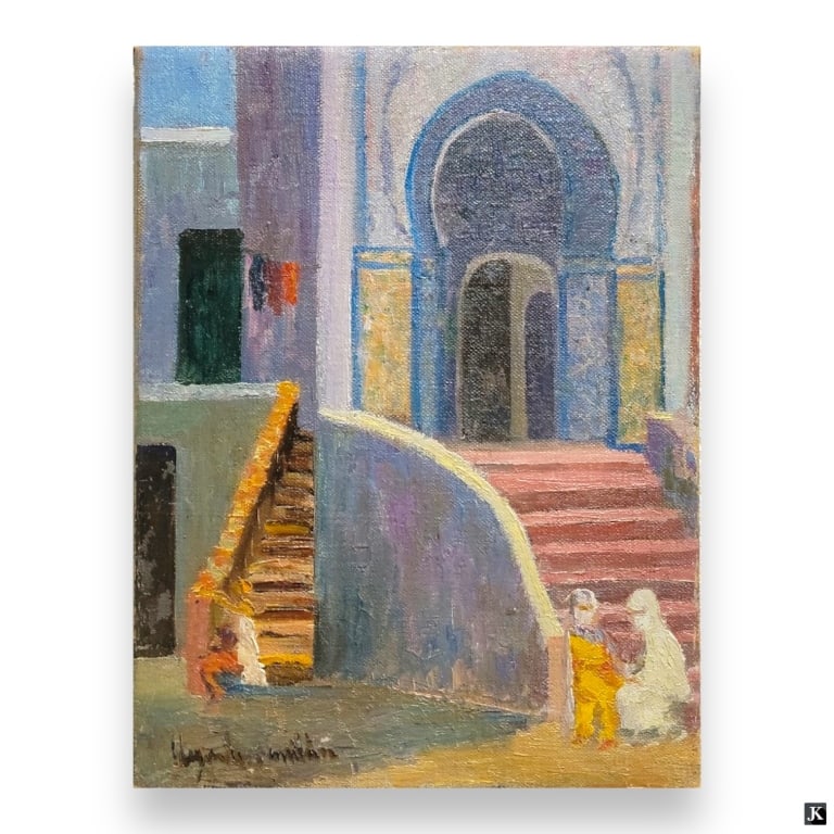 Hildegarde Hamilton (USA 1898-1970) Townscape Oil: Hildegarde Hume Hamilton (AMERICAN / FLORIDA / VIRGINIA, 1898 - 1970) oil painting on canvas depicting a Persian townscape scene. Signed to lower left. Unframed. Canvas on stretcher measures approx. 1
