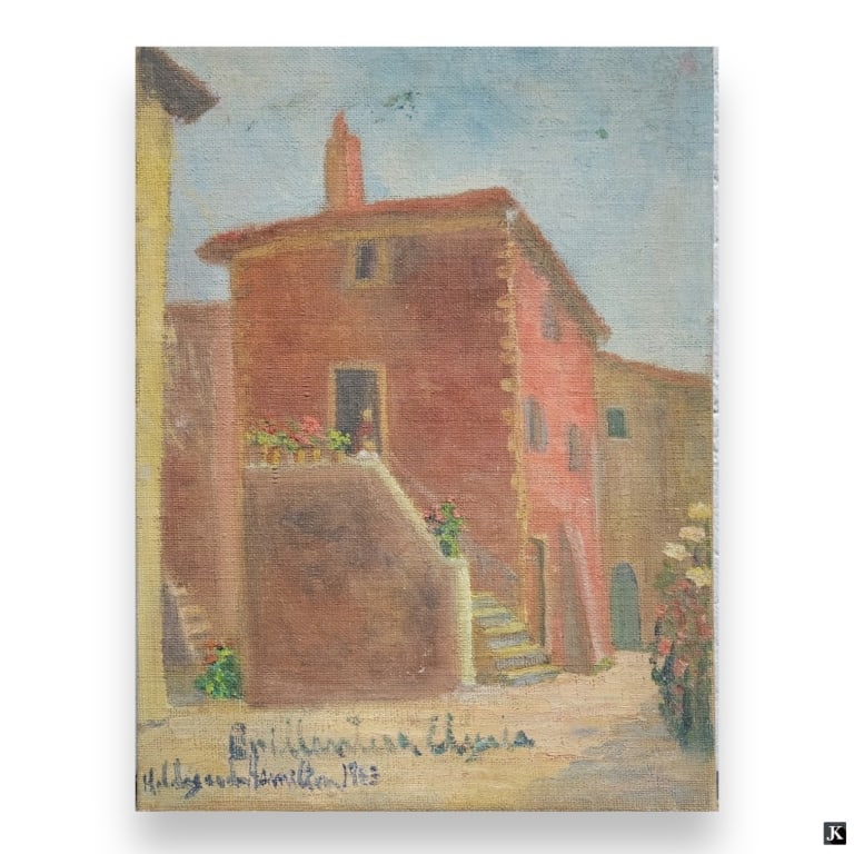 Hildegarde Hamilton (USA 1898-1970) Double Oil: Hildegarde Hume Hamilton (AMERICAN / FLORIDA / VIRGINIA, 1898 - 1970) oil painting on canvas depicting a townscape scene to front and back of canvas. Signed to lower left of front painting with title 