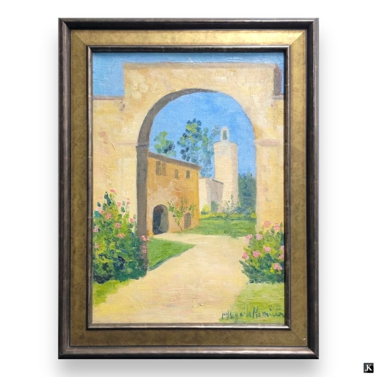 Hildegarde Hamilton (USA 1898-1970) Oil On Canvas: Hildegarde Hume Hamilton (AMERICAN / FLORIDA / VIRGINIA, 1898 - 1970) oil painting on canvas depicting an architecture scene with archway. Signed to lower right. Mounted in a gold and silver painted w