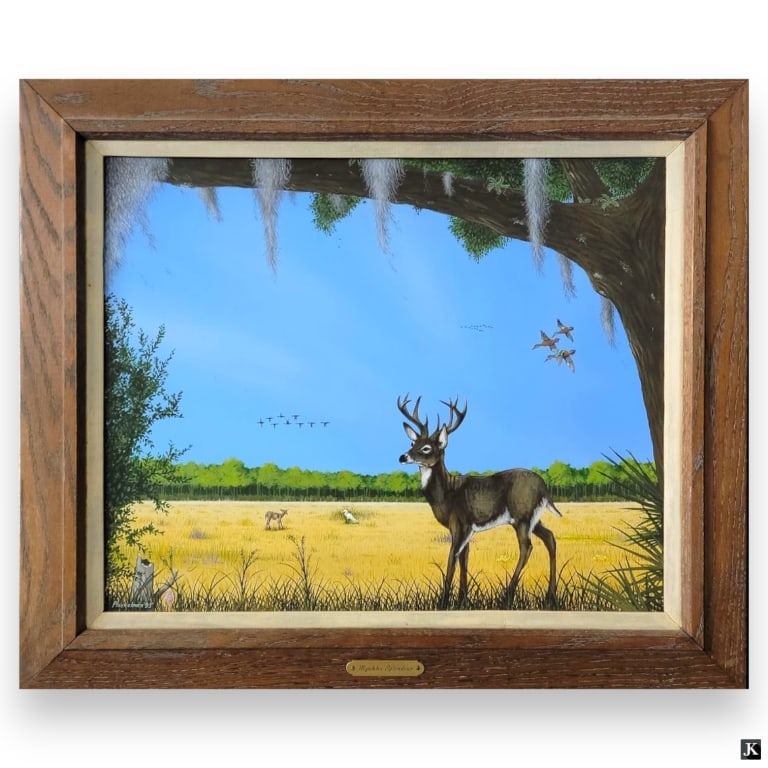 Raymond Plockelman (USA B1943) Florida Oil: Raymond Plockelman (AMERICAN / FLORIDA, Born 1943) oil painting on masonite board depicting a landscape scene with deer. Signed to lower left and dated 1993. Further signed and dated to verso of boar.