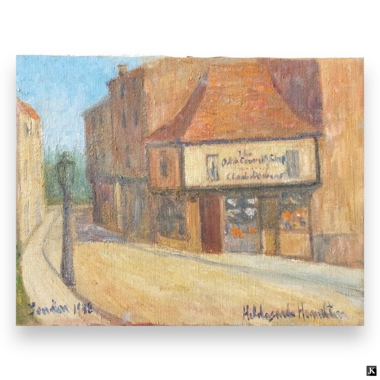 Hildegarde Hamilton (USA 1898-1970) Oil/Canvas: Hildegarde Hume Hamilton (AMERICAN / FLORIDA / VIRGINIA, 1898 - 1970) oil painting on canvas depicting a London landscape scene with store and road. Signed to lower right and dated 1948 to lower left.