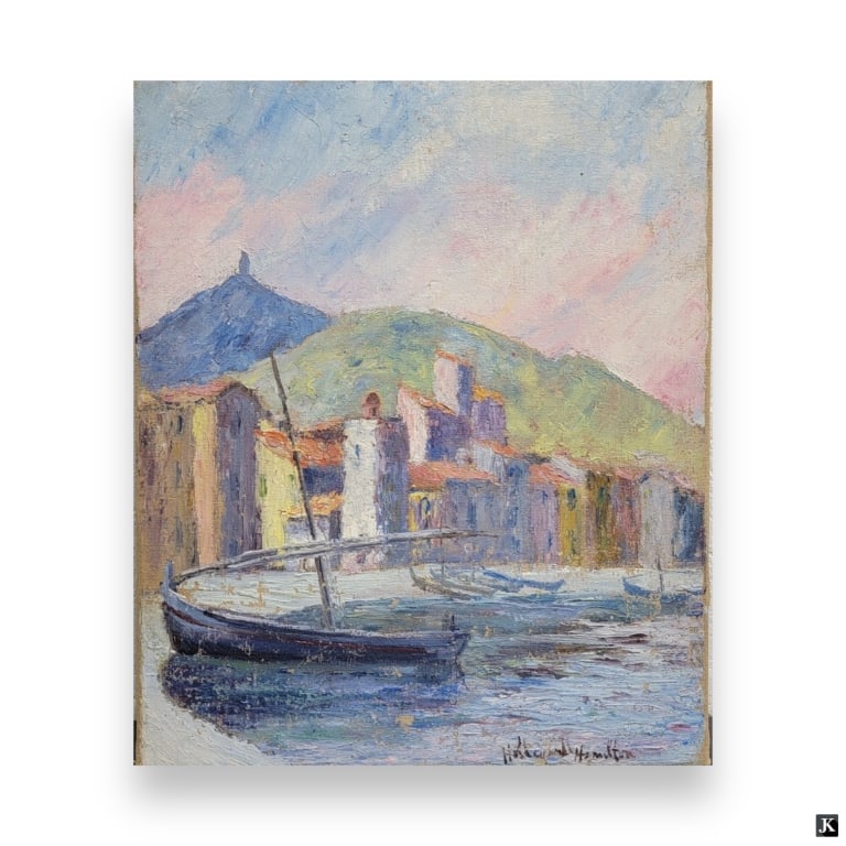 Hildegarde Hamilton (USA 1898-1970) Venetian Oil: Hildegarde Hume Hamilton (AMERICAN / FLORIDA / VIRGINIA, 1898 - 1970) oil painting on canvas depicting a Venetian cityscape canal scene. Signed to lower right. Titled to verso of canvas. Unframed. Can