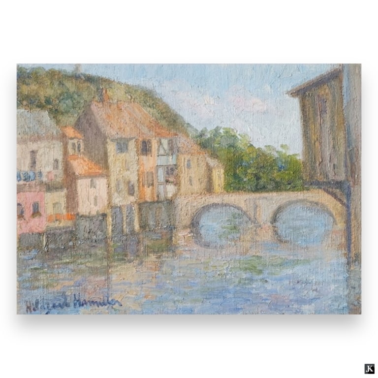 Hildegarde Hamilton (USA 1898-1970) Oil/Canvas: Hildegarde Hume Hamilton (AMERICAN / FLORIDA / VIRGINIA, 1898 - 1970) oil painting on canvas depicting a townscape scene with canal and bridge. Signed to lower left. Titled to verso of canvas. Unframe