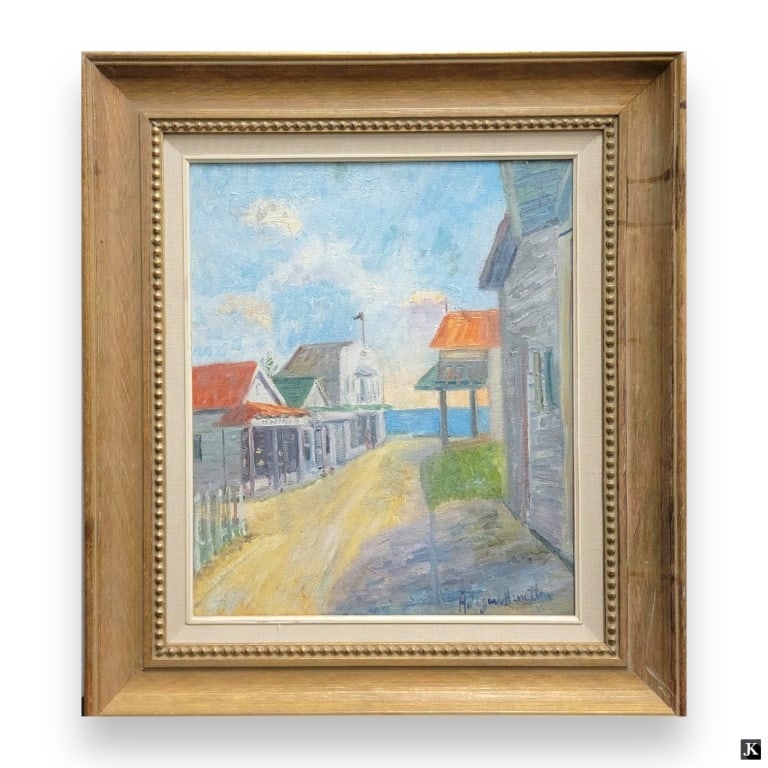 Hildegarde Hamilton (USA 1898-1970) Street Oil: Hildegarde Hume Hamilton (AMERICAN / FLORIDA / VIRGINIA, 1898 - 1970) oil painting on canvas depicting a coastal townscape dirt road street scene with wooden buildings. Signed to lower right. Mounted 