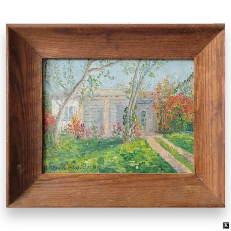 Hildegarde Hamilton (USA 1898-1970) Oil On Board: Hildegarde Hume Hamilton (AMERICAN / FLORIDA / VIRGINIA, 1898 - 1970) oil painting on artist canvas board depicting a landscape scene with house and trees. Signed to lower left. Mounted in a wooden fr