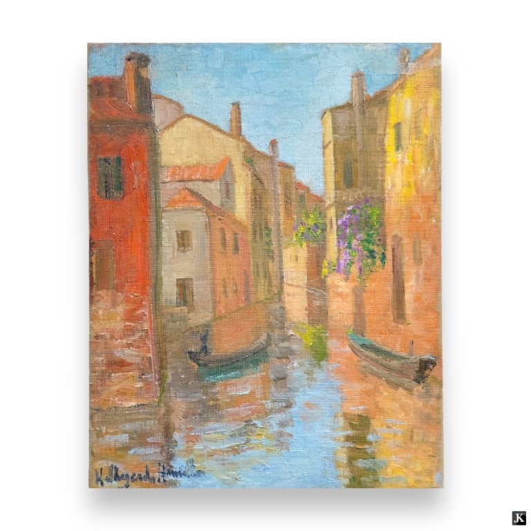 Hildegarde Hamilton (USA 1898-1970) Oil/Canvas: Hildegarde Hume Hamilton (AMERICAN / FLORIDA / VIRGINIA, 1898 - 1970) oil painting on canvas depicting a Venetian canal scene. Signed to lower left. Titled to verso of canvas. Unframed. Canvas on stre