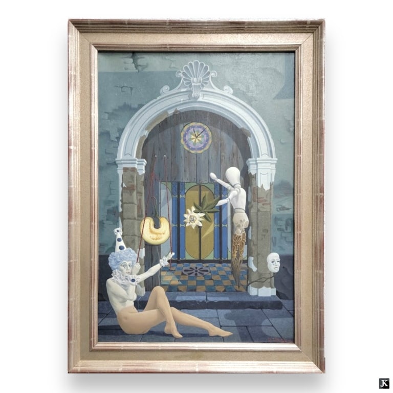 Ugo DiMartino (ITALY 20th C) "Figures By A Door": Ugo DiMartino / Di Martino (ITALIAN, 20th Century) surrealist oil painting on canvas depicting a nude female and mannquin by a door. Signed and dated 1984 to lower right. Further indistinctly inscribe