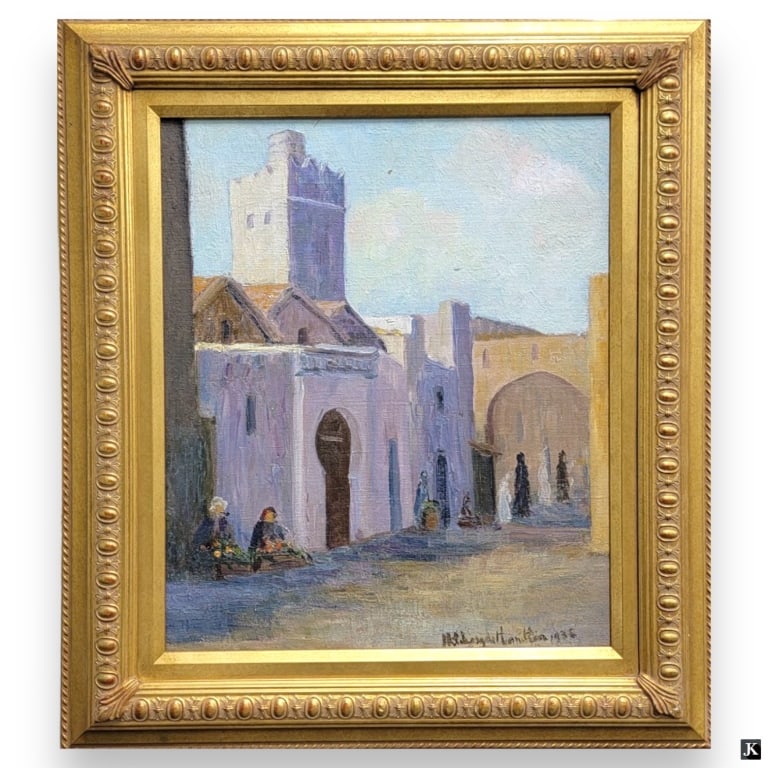 Hildegarde Hamilton (USA 1898-1970) Street Oil: Hildegarde Hume Hamilton (AMERICAN / FLORIDA / VIRGINIA, 1898 - 1970) oil painting on canvas depicting a townscape street scene titled "Teuan [Teouan] in Moroco, North Africa". Signed to lower right a