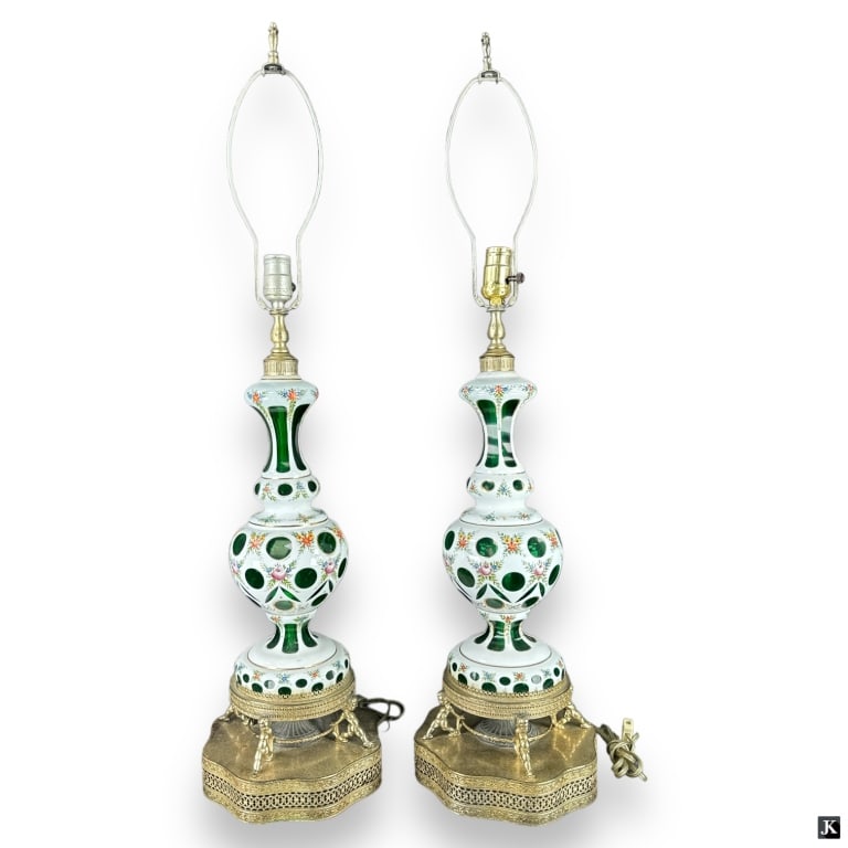 Pr Vintage Bohemian Cut To Emerald Glass Lamps (1 of 3)
