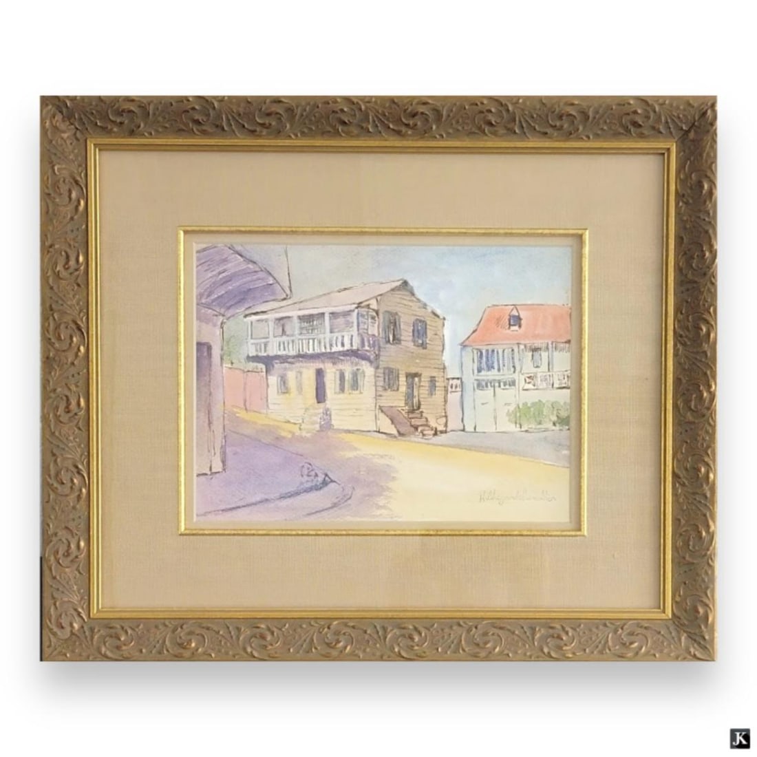 Hildegarde Hamilton (USA 1898-1970) Watercolor & Ink Mixed Media: Hildegarde Hume Hamilton (AMERICAN / FLORIDA / VIRGINIA, 1898 - 1970) watercolor and ink mixed media work on artist paper depicting a townscape street scene with old buildings. Pencil signed to lower 