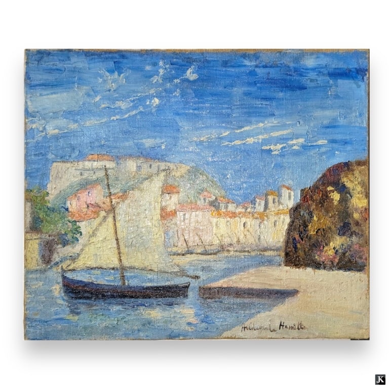 Hildegarde Hamilton (USA 1898-1970) Port Scene Oil: Hildegarde Hume Hamilton (AMERICAN / FLORIDA / VIRGINIA, 1898 - 1970) oil painting on canvas depicting a port scene with buildings and boats. Signed to lower right. Unframed. Canvas on stretcher measu