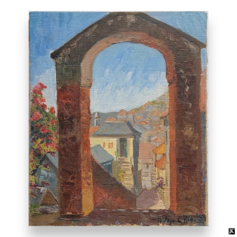 Hildegarde Hamilton (USA 1898-1970) Cityscape Oil: Hildegarde Hume Hamilton (AMERICAN / FLORIDA / VIRGINIA, 1898 - 1970) oil painting on canvas depicting a cityscape scene with archway. Signed to lower right. Titled to verso of canvas. Unframed. Canva