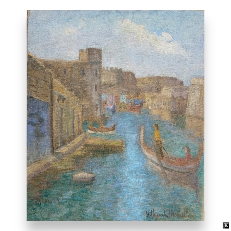 Hildegarde Hamilton (USA 1898-1970) Venice Oil: Hildegarde Hume Hamilton (AMERICAN / FLORIDA / VIRGINIA, 1898 - 1970) oil painting on canvas depicting a Venetian canal scene with buildings and gondolas. Signed and to lower right. Has further ink sk