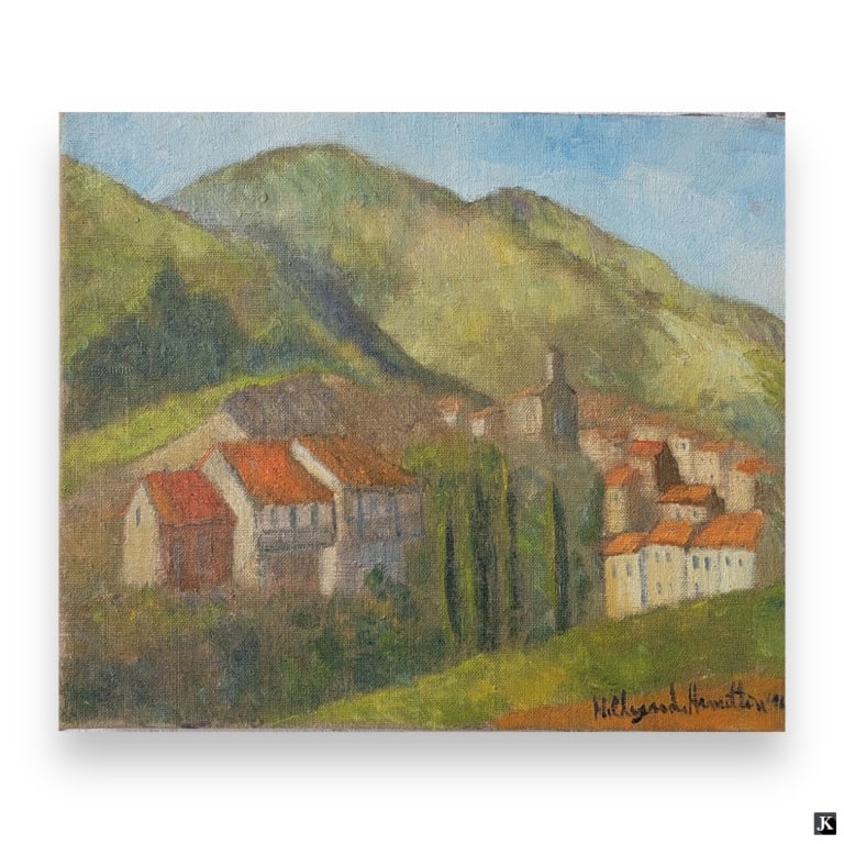 Hildegarde Hamilton (USA 1898-1970) Townscape Oil: Hildegarde Hume Hamilton (AMERICAN / FLORIDA / VIRGINIA, 1898 - 1970) oil painting on canvas depicting a townscape scene with houses and mountains. Signed and to lower right and dated 1966. Verso of c