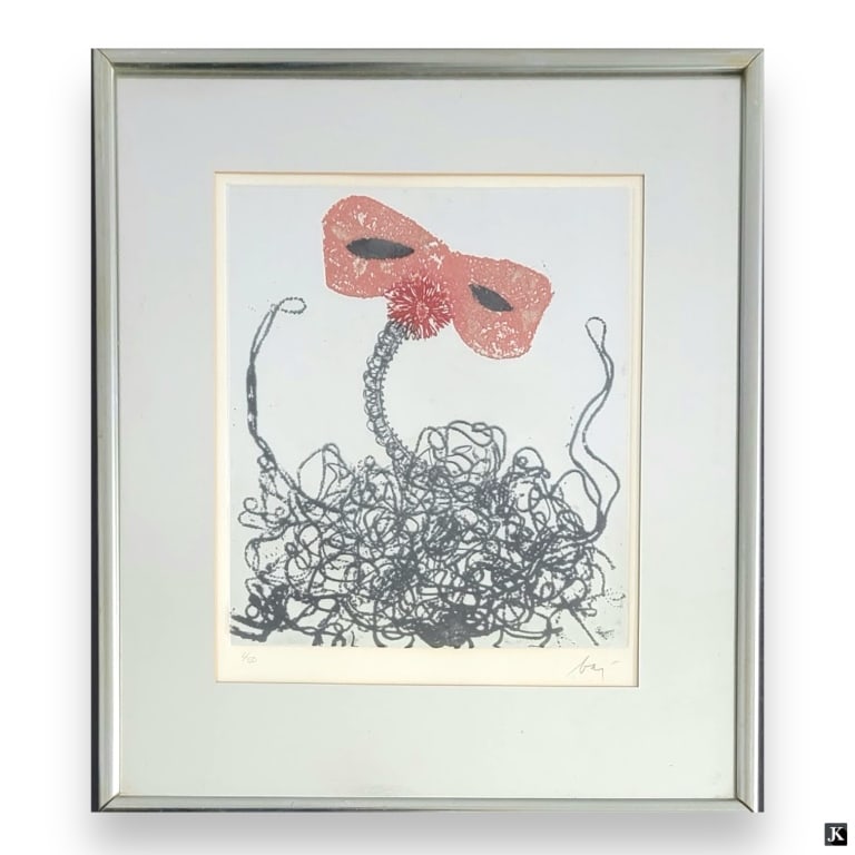 Enrico Baj (ITALY 1924-2003) Silver Foil Lithograp: Enrico Baj (ITALIAN, 1924 - 2003) limited edition lithograph with silver foil depicting an abstract flower. Hand pencil signed to lower right and numbered 6/50 to lower left. Mounted in a silver tone