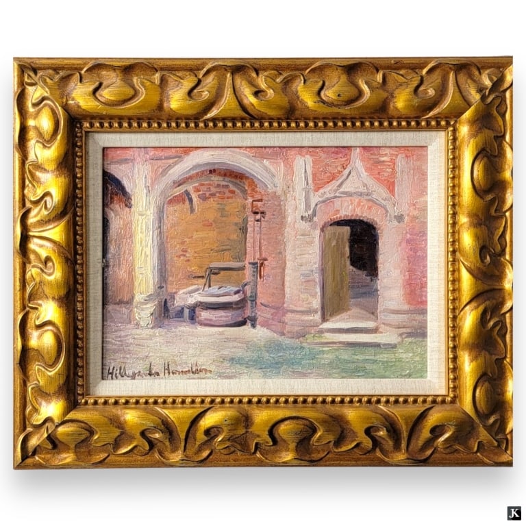 Hildegarde Hamilton (USA 1898-1970) Oil On Canvas: Hildegarde Hume Hamilton (AMERICAN / FLORIDA / VIRGINIA, 1898 - 1970) oil painting on canvas depicting a townscape scene with well and doorway. Signed to lower left. Titled "Court in France" to verso 