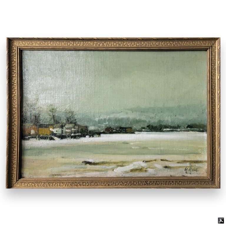 Gilbert Gaul (USA 1855-1919) Winter Landscape Oil: Gilbert Gaul (AMERICAN / NEW YORK / TENNESSEE / NEW JERSEY, 1855 - 1919) oil painting on artist cardboard depicting a winter landscape scene. Signed to lower right. Mounted in a gold painted wooden fr