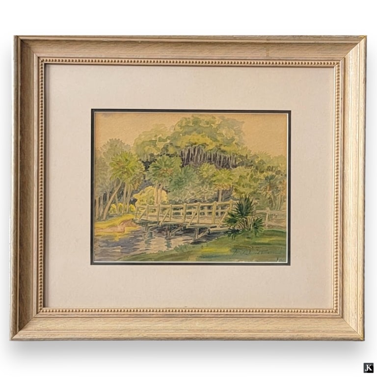 Hildegarde Hamilton (USA 1898-1970) Waterccolor: Hildegarde Hume Hamilton (AMERICAN / FLORIDA / VIRGINIA, 1898 - 1970) watercolor painting on artist paper depicting a landscape scene with wooden bridge. Signed to lower right and dated 1951. Mounted 