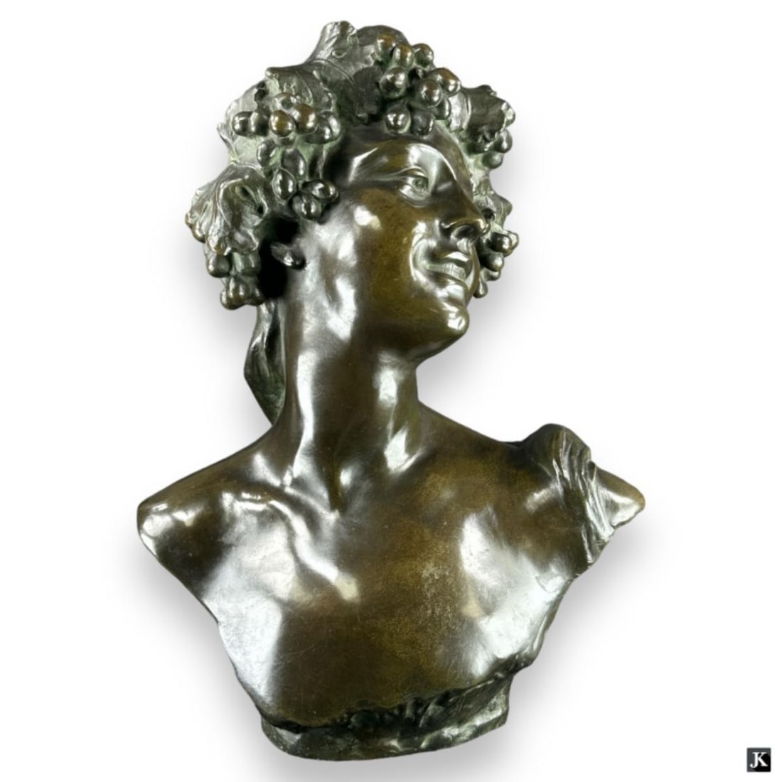 Jef Lambeaux (BELGIUM 1852-1908) Large Bronze Bust: Jef Maria Thomas Lambeaux (BELGIAN, 1852 - 1908) large bronze bust sculpture depicting a man with grapes and leaves in his hair. Signed to shoulder. Has a green patina. Measures approx. 21 1/4" height