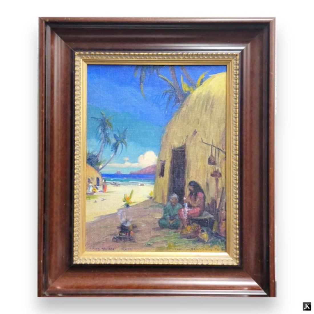 Carl Brandien (USA 1886-1965) Townscape Oil: Carl W. Brandien (AMERICAN / NEW YORK, 1886 - 1965) oil painting on masonite panel board depicting a Hawaii village townscape scene. Signed to lower right and titled to lower left. Further signed and