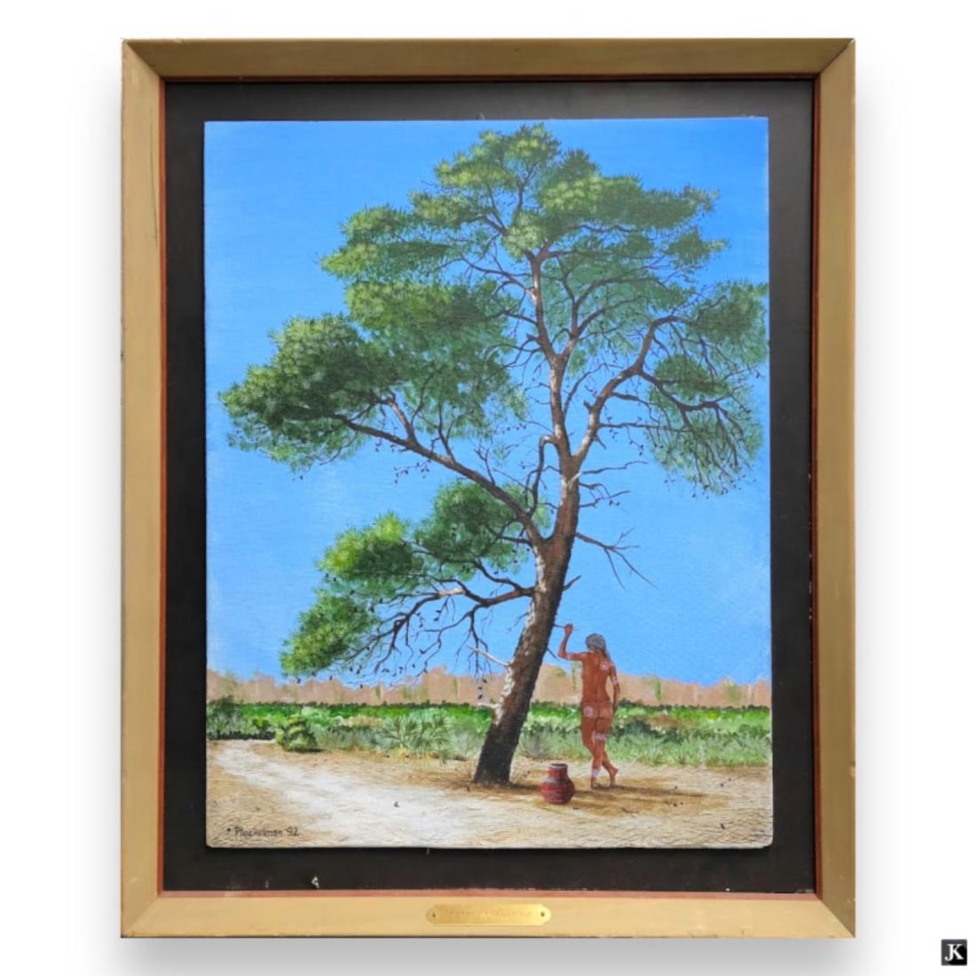 Raymond Plockelman (USA B1943) Oil On Masonite: Raymond Plockelman (AMERICAN / FLORIDA, Born 1943) oil painting on masonite board depicting a landscape scene with nude Native American Indian woman with water jar next to a tree titled "Halfway to th