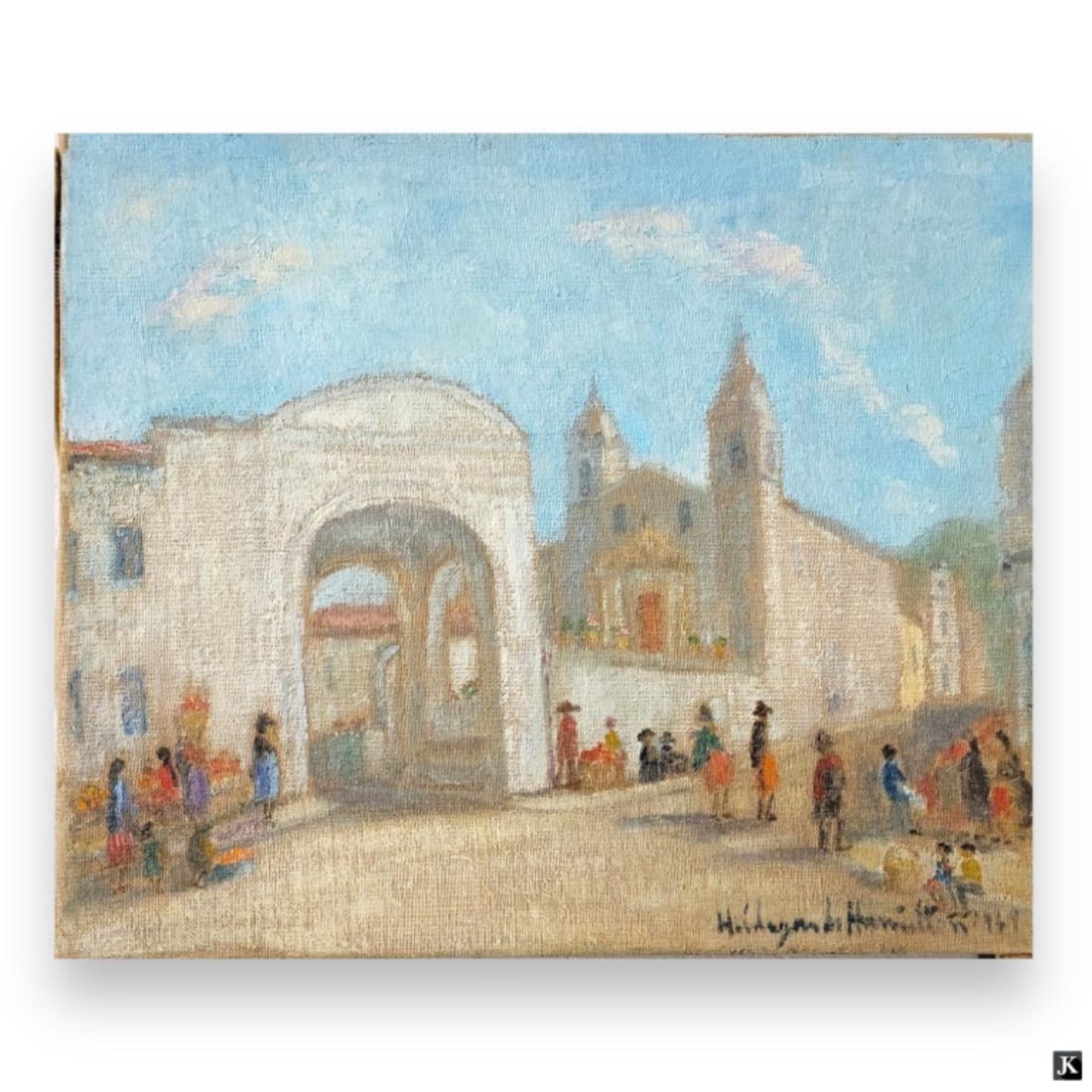 Hildegarde Hamilton (USA 1898-1970) Double Oil: Hildegarde Hume Hamilton (AMERICAN / FLORIDA / VIRGINIA, 1898 - 1970) double oil painting on canvas depicting a townscape scenes. Signed to lower right and dated on front painting. Unframed. Canvas on
