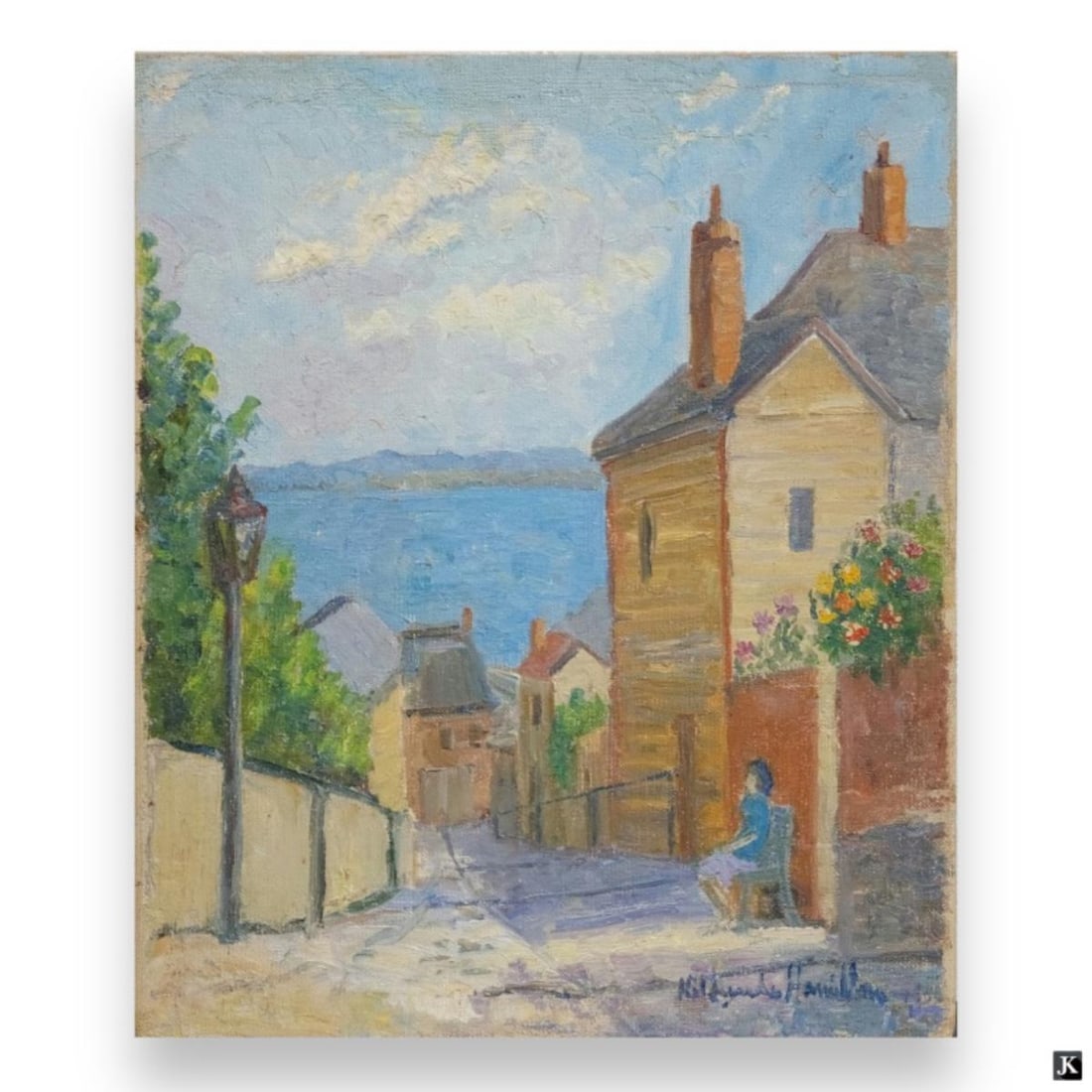 Hildegarde Hamilton (USA 1898-1970) Double Oil: Hildegarde Hume Hamilton (AMERICAN / FLORIDA / VIRGINIA, 1898 - 1970) double oil painting on canvas depicting a townscape scenes. Signed to lower right to front painting. Unframed. Canvas on stretcher
