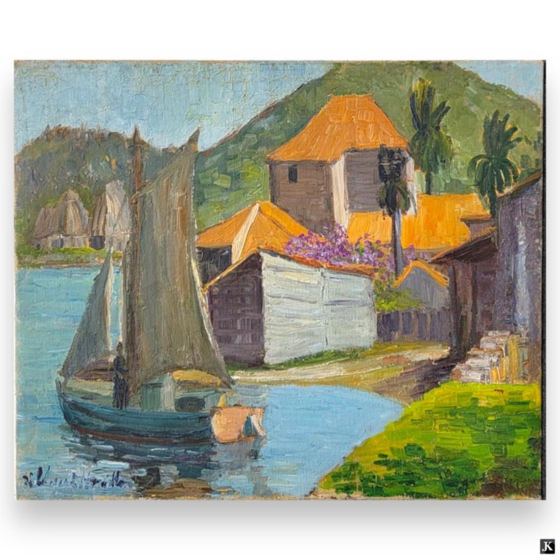 Hildegarde Hamilton (USA 1898-1970) Oil On Canvas: Hildegarde Hume Hamilton (AMERICAN / FLORIDA / VIRGINIA, 1898 - 1970) oil painting on canvas depicting a coastal landscape scene with boat and houses. Has sketch to verso of canvas. Signed to lower le