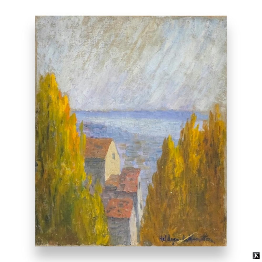 Hildegarde Hamilton (USA 1898-1970) Oil On Canvas: Hildegarde Hume Hamilton (AMERICAN / FLORIDA / VIRGINIA, 1898 - 1970) oil painting on canvas depicting a townscape scene. Has sketch to verso of canvas. Signed to lower right. Unframed. Canvas on stre