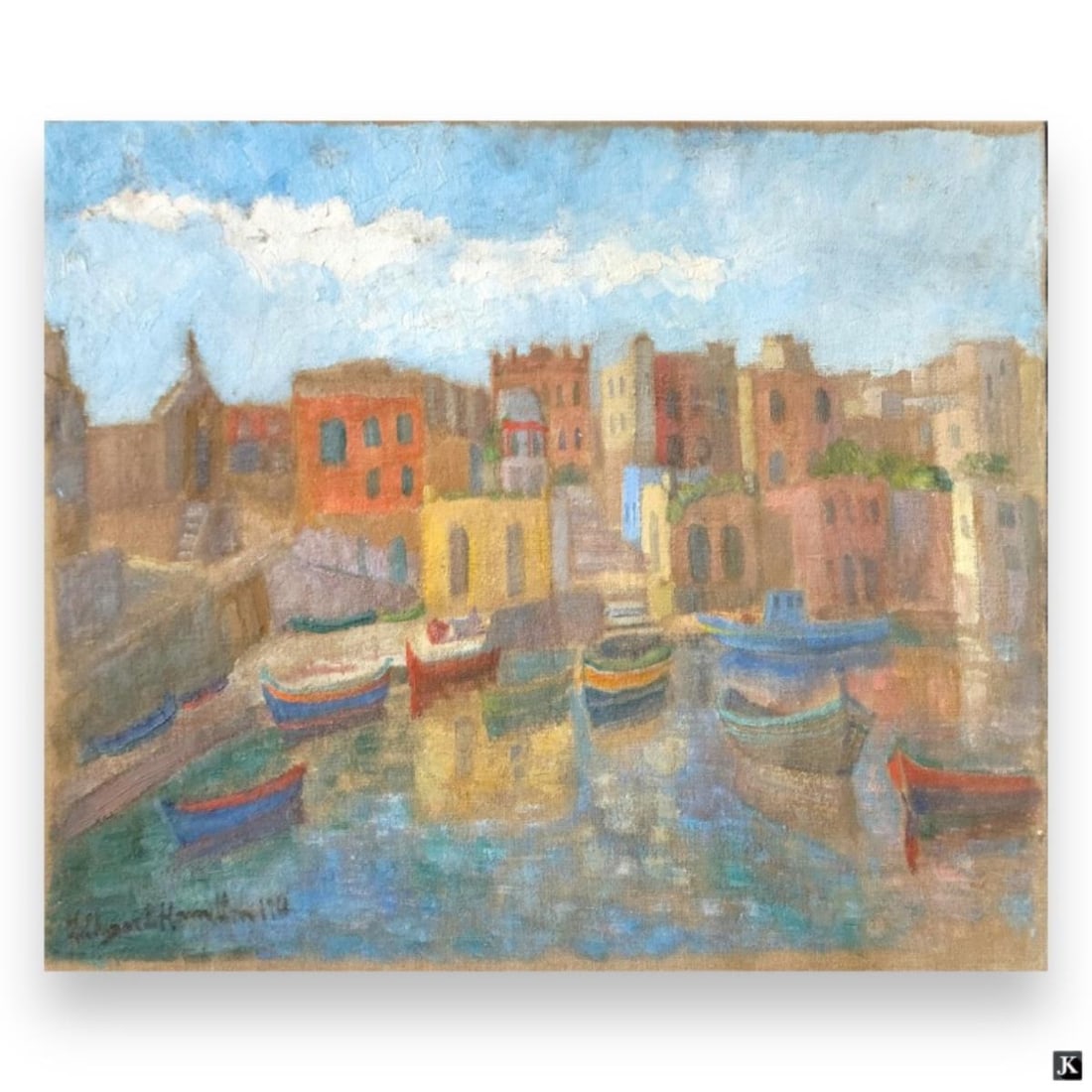 Hildegarde Hamilton (USA 1898-1970) Oil On Canvas: Hildegarde Hume Hamilton (AMERICAN / FLORIDA / VIRGINIA, 1898 - 1970) oil painting on canvas depicting a coastal townscape scene with houses and boats. Has sketch to verso of canvas. Signed to lower l