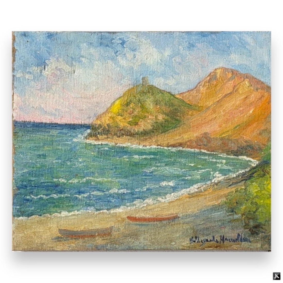 Hildegarde Hamilton (USA 1898-1970) Oil On Canvas: Hildegarde Hume Hamilton (AMERICAN / FLORIDA / VIRGINIA, 1898 - 1970) oil painting on canvas depicting a coastal landscape scene with boats and hills. Has sketch to verso of canvas. Signed to lower ri