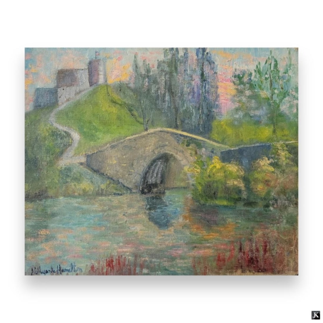 Hildegarde Hamilton (USA 1898-1970) Oil On Canvas: Hildegarde Hume Hamilton (AMERICAN / FLORIDA / VIRGINIA, 1898 - 1970) oil painting on canvas depicting a landscape scene with bridge and fortress. Signed to lower left. Unframed. Canvas on stretcher m