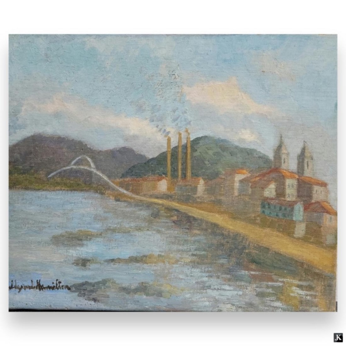 Hildegarde Hamilton (USA 1898-1970) Oil On Canvas: Hildegarde Hume Hamilton (AMERICAN / FLORIDA / VIRGINIA, 1898 - 1970) oil painting on canvas depicting a St. Augustine townscape scene with buildings. Signed to lower left. Unframed. Canvas on stretch