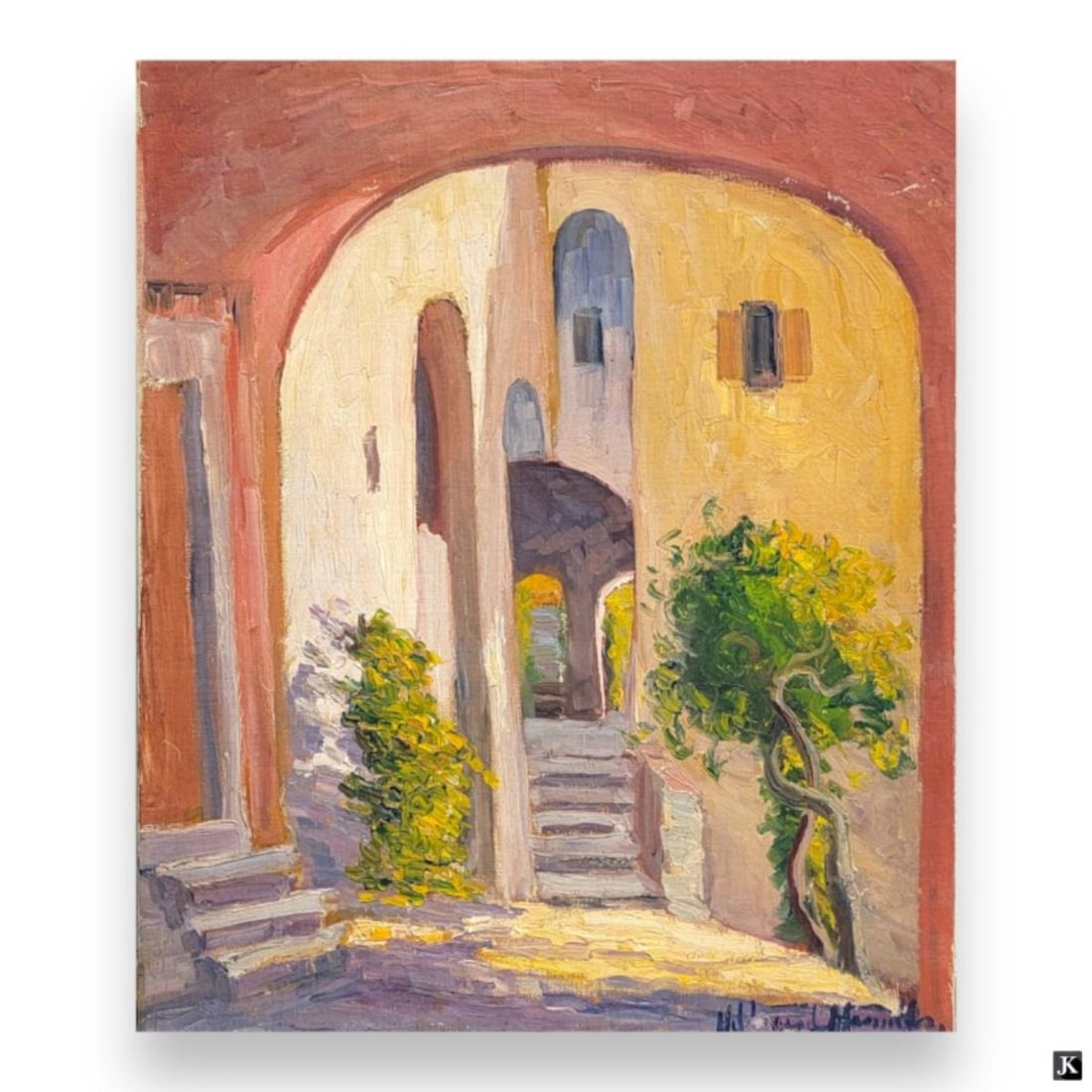Hildegarde Hamilton (USA 1898-1970) Oil On Canvas: Hildegarde Hume Hamilton (AMERICAN / FLORIDA / VIRGINIA, 1898 - 1970) oil painting on canvas depicting a townscape scene with archway. Signed to lower right. Unframed. Canvas on stretcher measures app