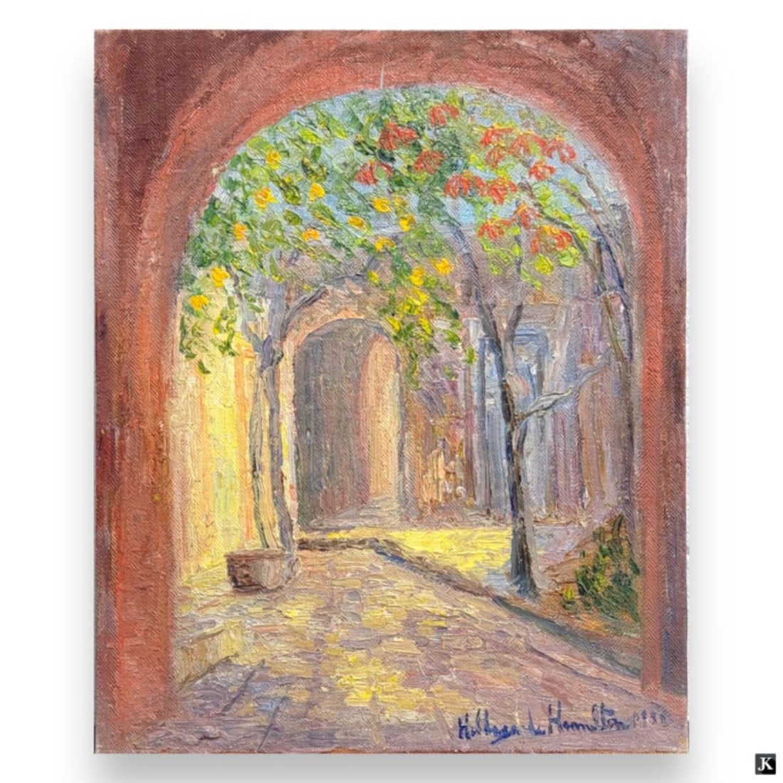 Hildegarde Hamilton (USA 1898-1970) Oil On Canvas: Hildegarde Hume Hamilton (AMERICAN / FLORIDA / VIRGINIA, 1898 - 1970) oil painting on canvas depicting a townscape scene with archway. Signed to lower right. Unframed. Canvas on stretcher measures app