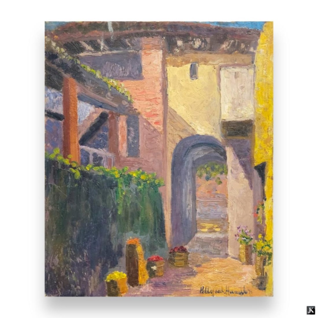 Hildegarde Hamilton (USA 1898-1970) Oil On Canvas: Hildegarde Hume Hamilton (AMERICAN / FLORIDA / VIRGINIA, 1898 - 1970) oil painting on canvas depicting a townscape scene with archway. Signed to lower right. Unframed. Canvas on stretcher measures app