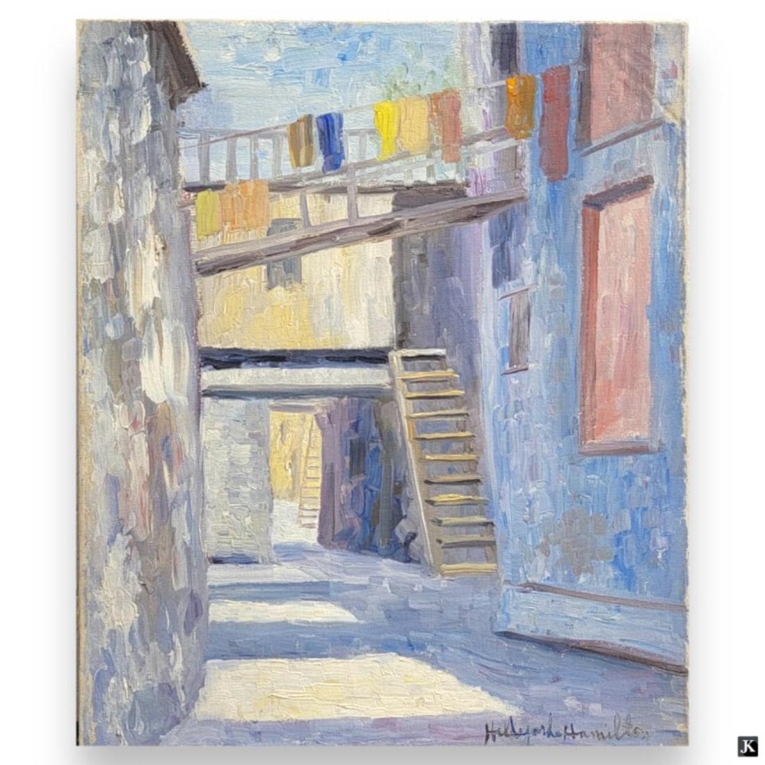Hildegarde Hamilton (USA 1898-1970) Oil On Canvas: Hildegarde Hume Hamilton (AMERICAN / FLORIDA / VIRGINIA, 1898 - 1970) oil painting on canvas depicting a townscape alleyway scene. Signed to lower right. Unframed. Canvas on stretcher measures approx.