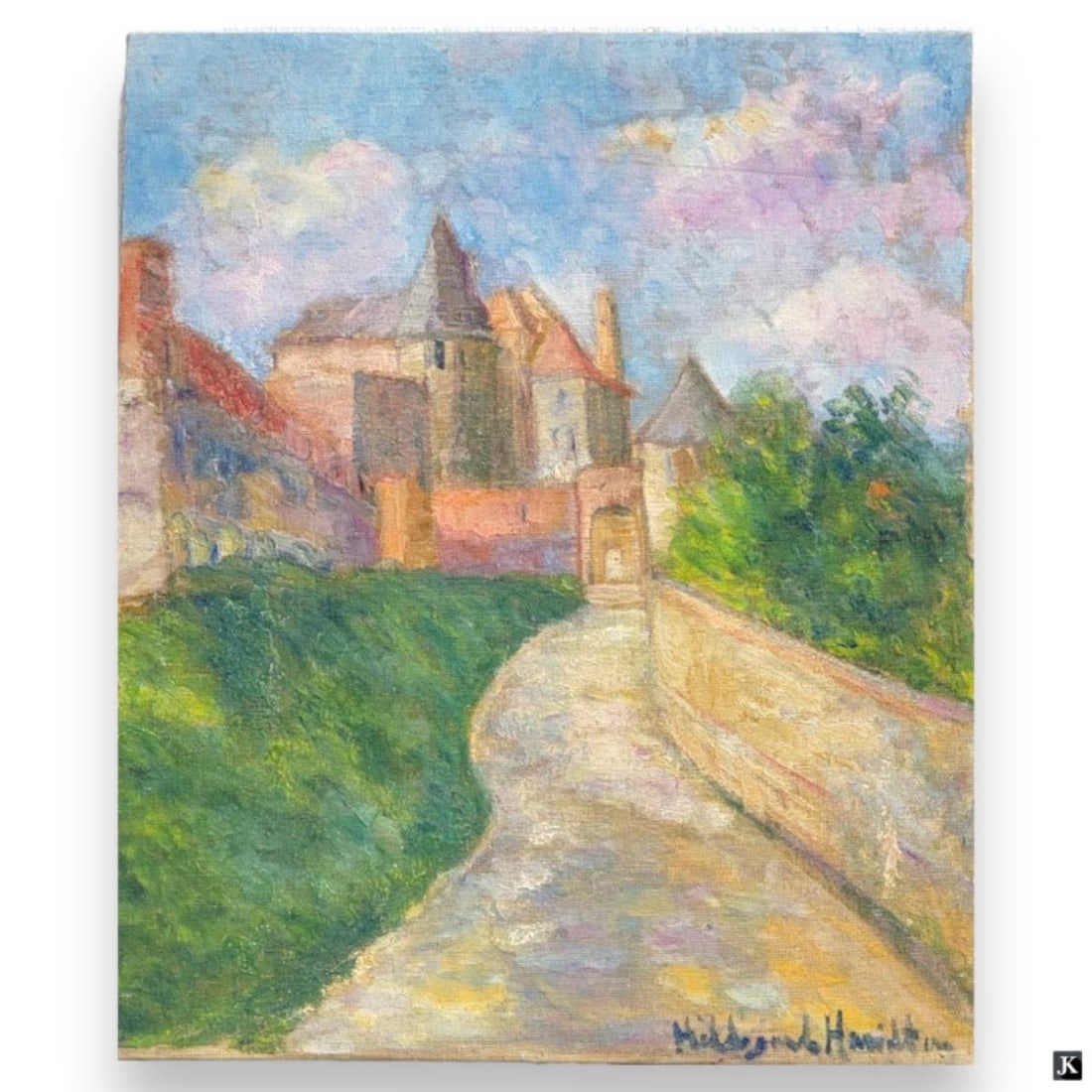 Hildegarde Hamilton (USA 1898-1970) Oil On Canvas: Hildegarde Hume Hamilton (AMERICAN / FLORIDA / VIRGINIA, 1898 - 1970) oil painting on canvas depicting a townscape scene with road. Signed to lower right. Unframed. Canvas on stretcher measures approx