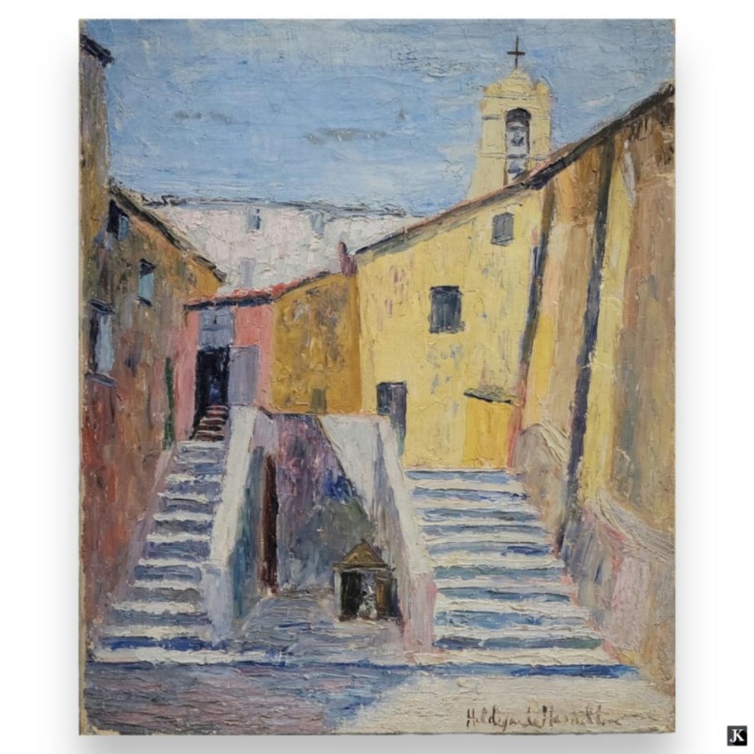 Hildegarde Hamilton (USA 1898-1970) Oil On Canvas: Hildegarde Hume Hamilton (AMERICAN / FLORIDA / VIRGINIA, 1898 - 1970) oil painting on canvas depicting a townscape scene with tenements and church steeple. Signed to lower right. Unframed. Canvas on s