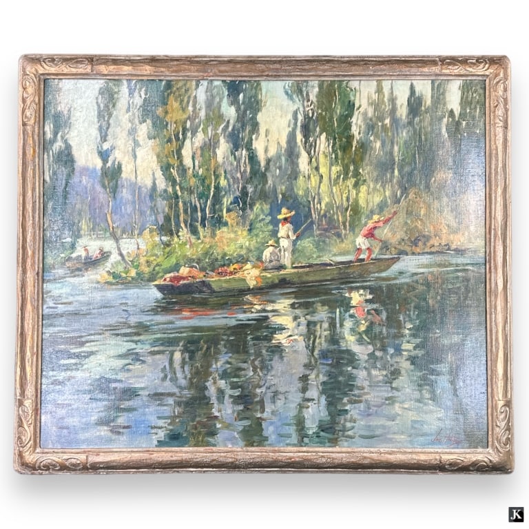 Jesse Hobby (USA 1871-1938) Landscape Oil/Canvas: Jesse Carl Hobby (AMERICAN / ILLINOIS, 1871 - 1938) oil painting on canvas depicting a landscape scene with figures on a small boat. Signed to lower right. Mounted in a gold painted wooden frame. Canv