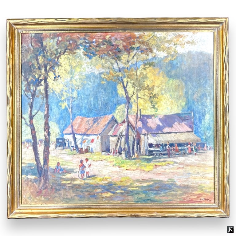 Jesse Hobby (USA 1871-1938) 1934 Landscape Oil: Jesse Carl Hobby (AMERICAN / ILLINOIS, 1871 - 1938) oil painting on canvas depicting a landscape scene with cottages and figures. Signed to lower right and dated 1934. Mounted in a gold painted wooden